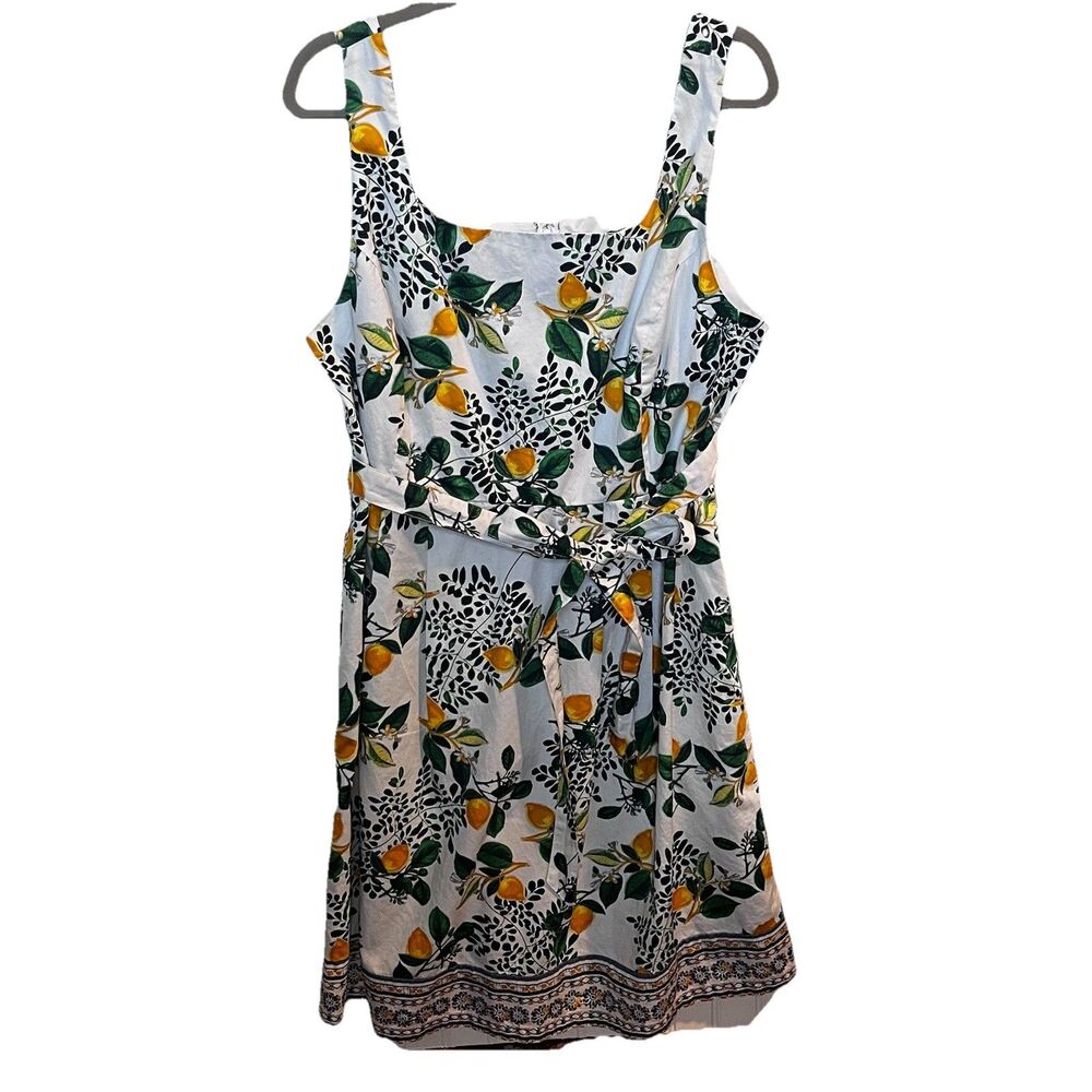 Roz & Ali Women’s Lemon Print Fit & Flare Dress Knee Length sleeveless Tie Belt